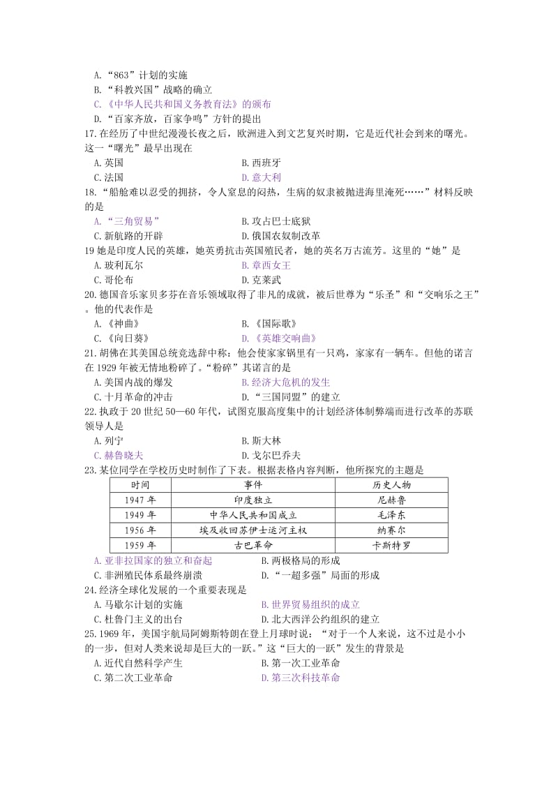 云南省初中学业水平考试历史试题(word版,有答案).doc_第3页