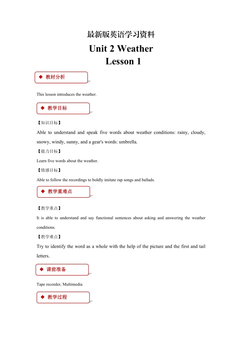 【最新】【人教版】（新起点）英语二下：Unit 2 Lesson 1原创教学设计.doc_第1页