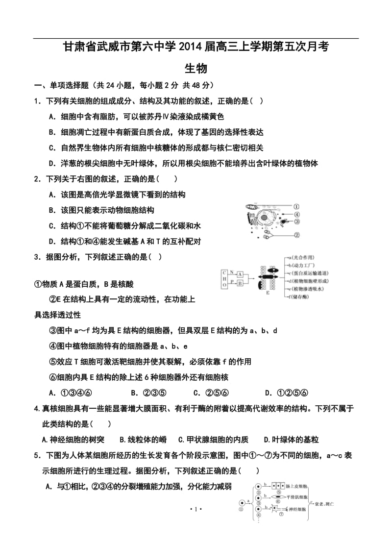 甘肃省武威市第六中学高三上学期第五次月考生物试题及答案.doc_第1页