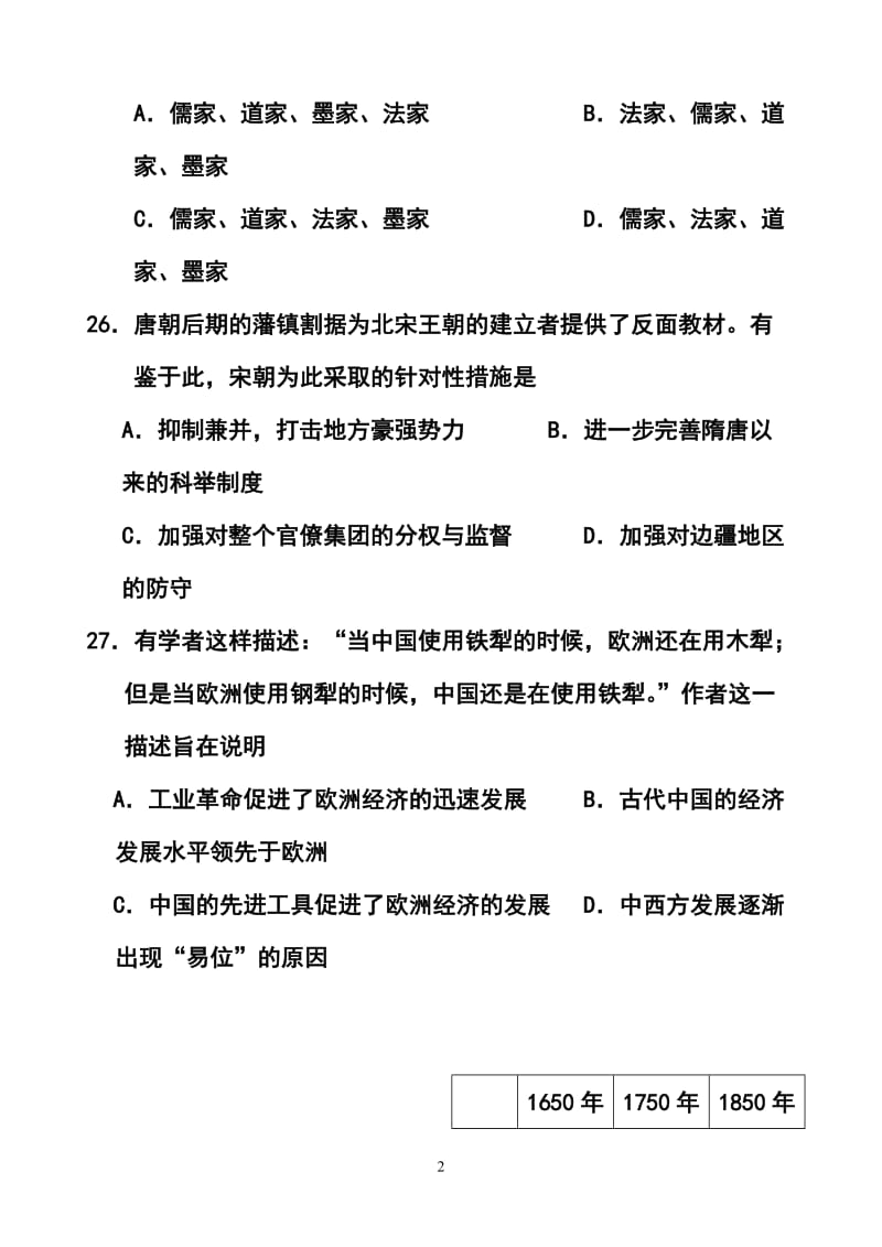 山东省菏泽市高三3月模拟考试历史试题及答案.doc_第2页