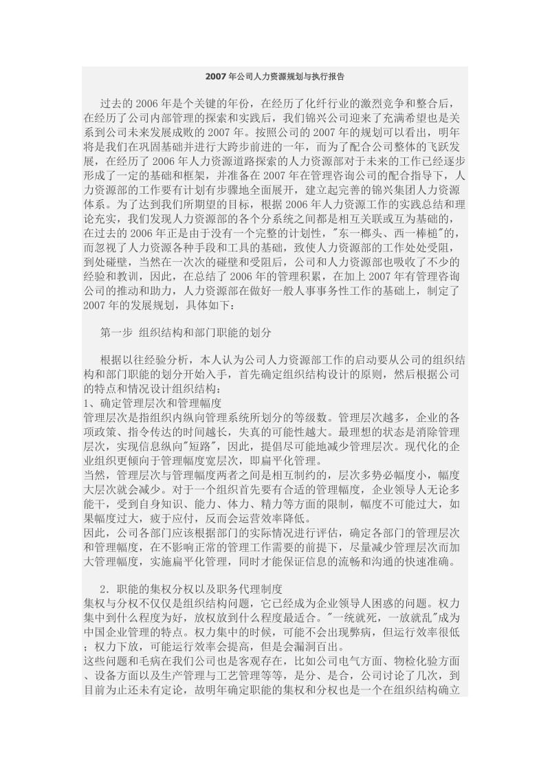 公司人力资源规划与执行报告.doc_第1页