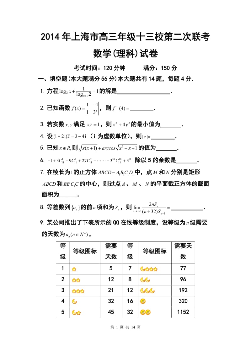 上海市十三校高三3月第二次联考理科数学试题及答案.doc_第1页