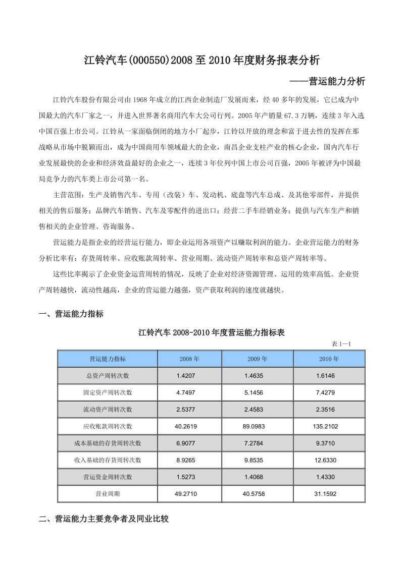 电大 财务报告分析作业 江铃汽车运营能力分析.doc_第1页