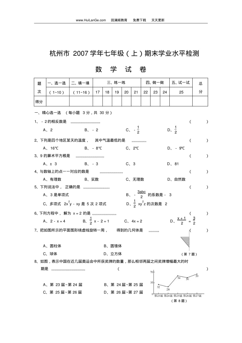 杭州市2007-2008学年第一学期期末学业水平检测七年级数学试卷.pdf_第1页