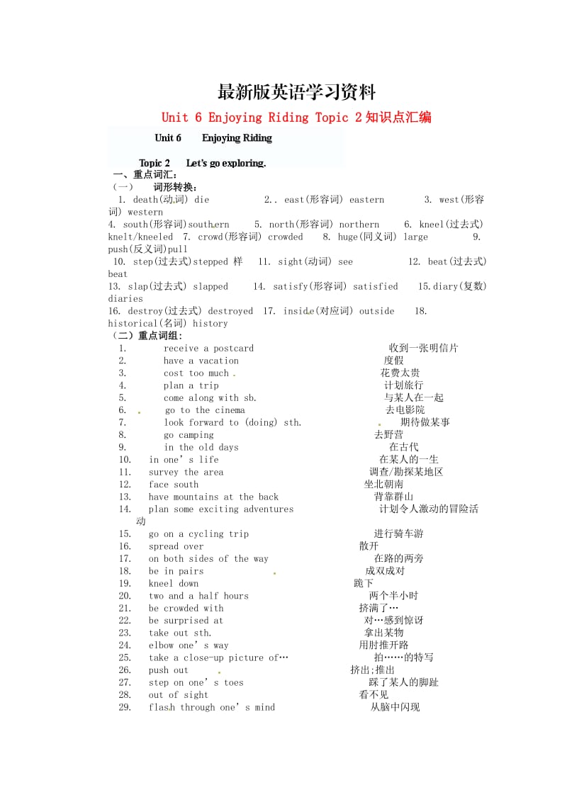 【最新】【仁爱版】八年级英语下册：Unit 6 Enjoying Riding Topic 2知识点汇编.doc_第1页