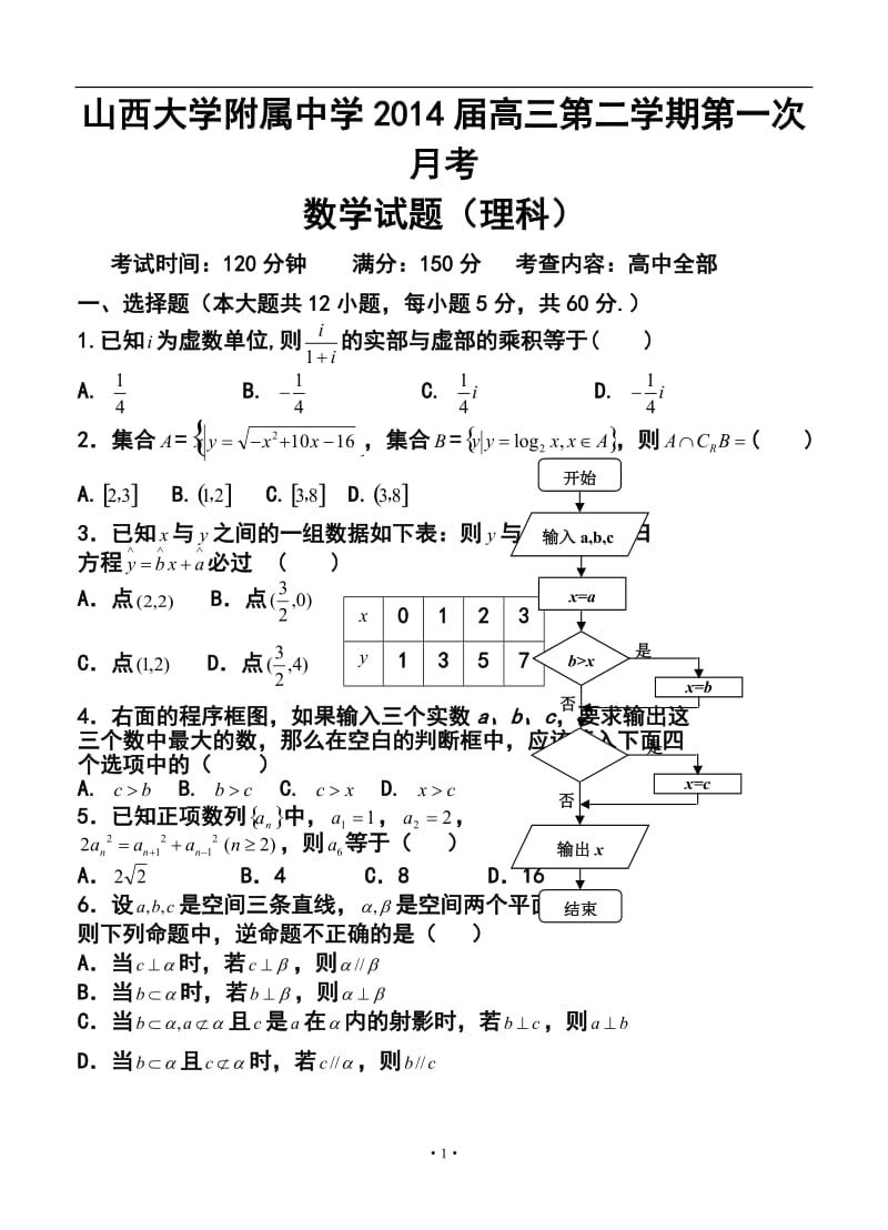 山西省山大附中高三下学期第一次月考理科数学试题及答案.doc_第1页