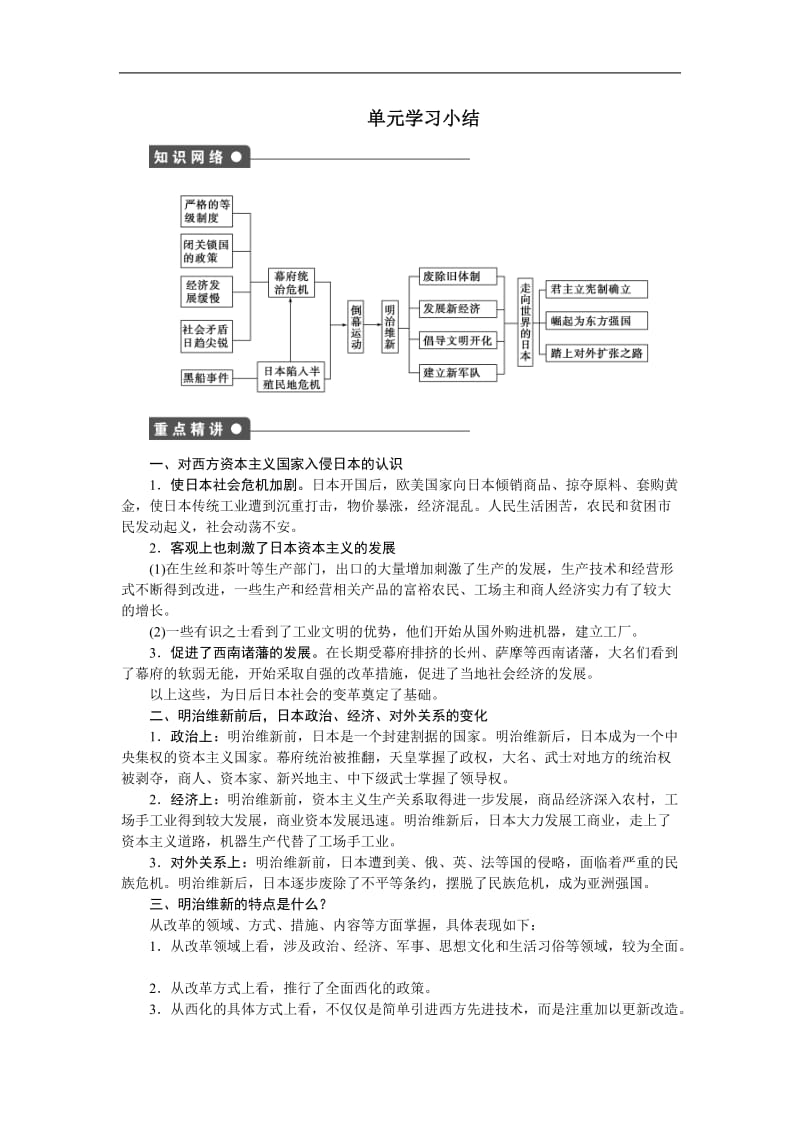 2019-2020学年高中历史人教版选修一文档：第八单元 日本明治维新 单元学习小结 Word版含答案.docx_第1页