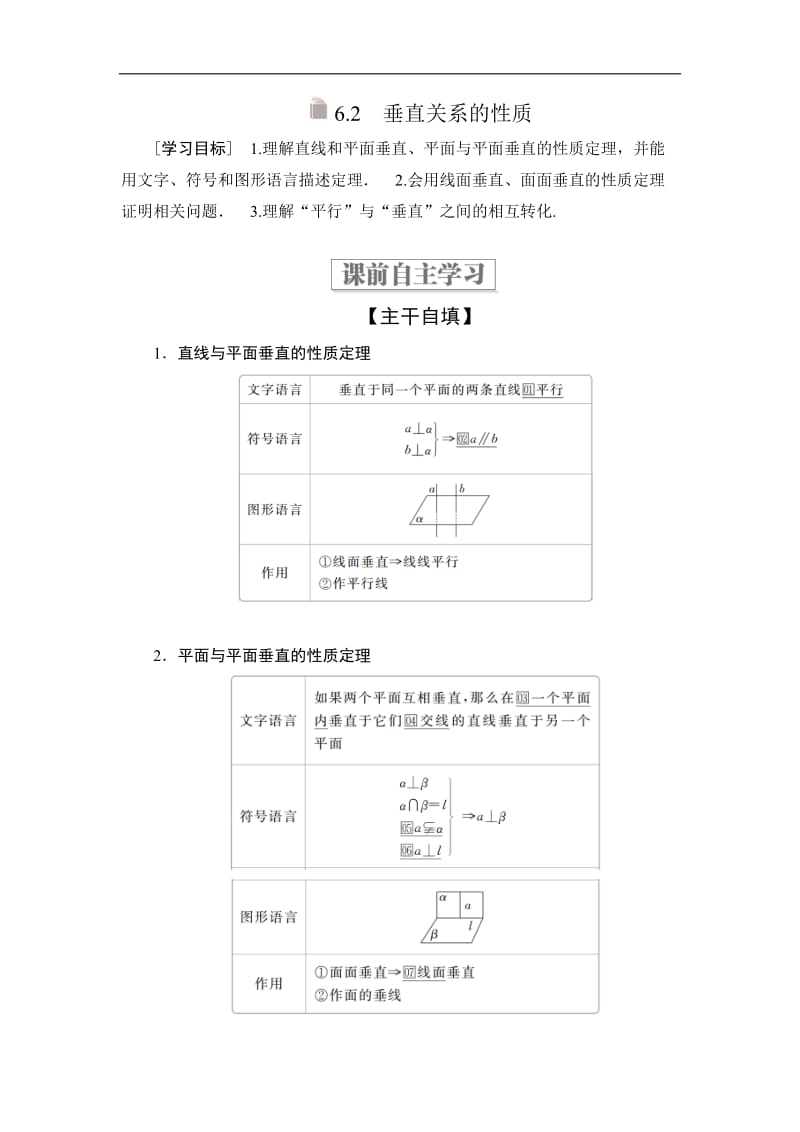 2019-2020学年高中北师大版数学必修2学案：第一章 6.2 垂直关系的性质 Word版含解析.doc_第1页