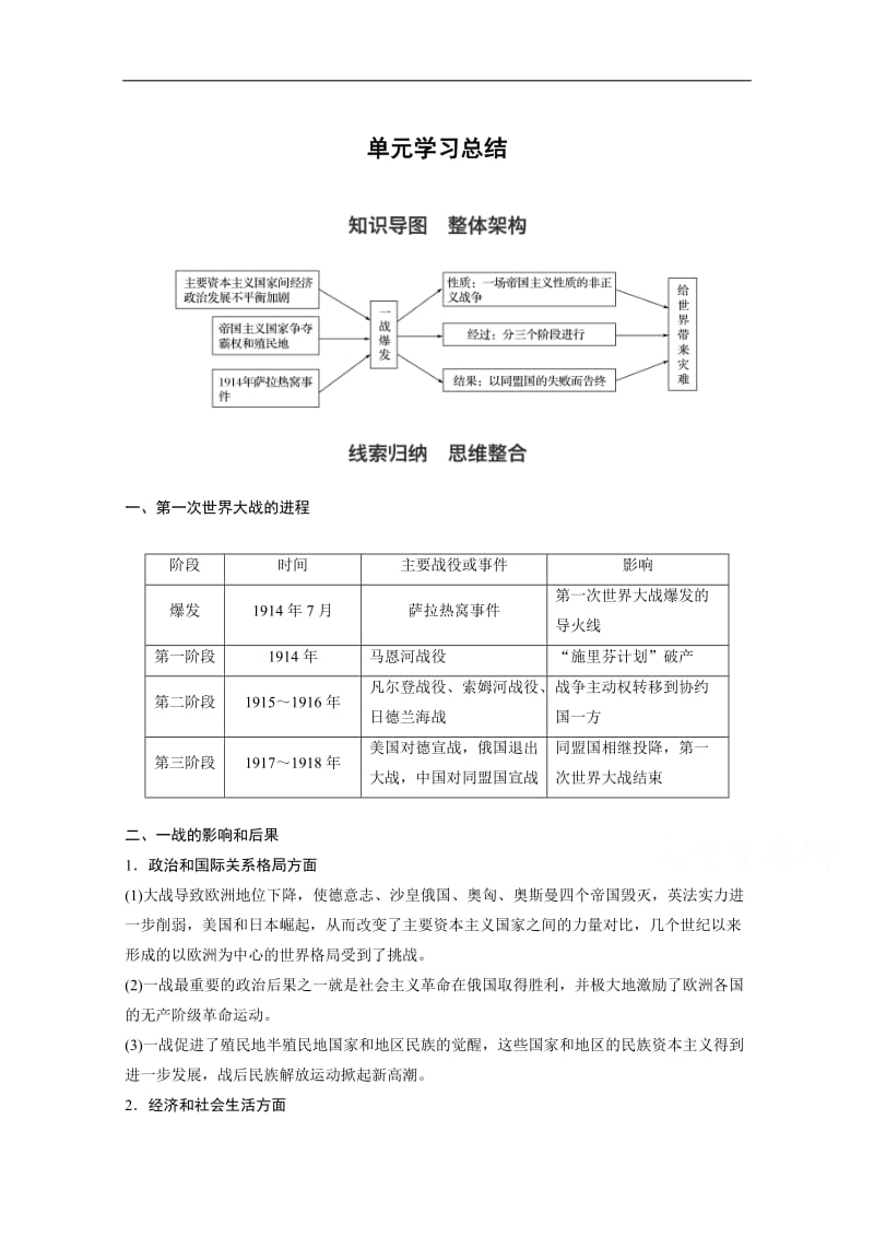 2019-2020学年高中历史人教版选修三教学案：第一单元 第一次世界大战 单元学习总结 Word版含答案.docx_第1页