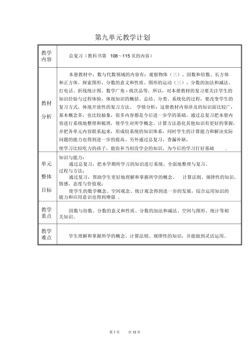 新人教版五年级数学下册第九单元总复习教案.docx_第1页