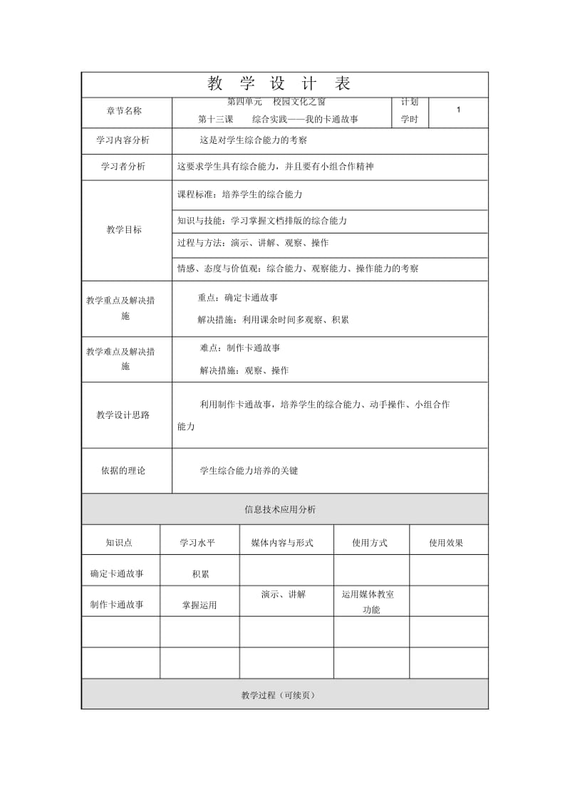 六年级上信息技术教学设计-我的卡通故事吉教版.docx_第1页