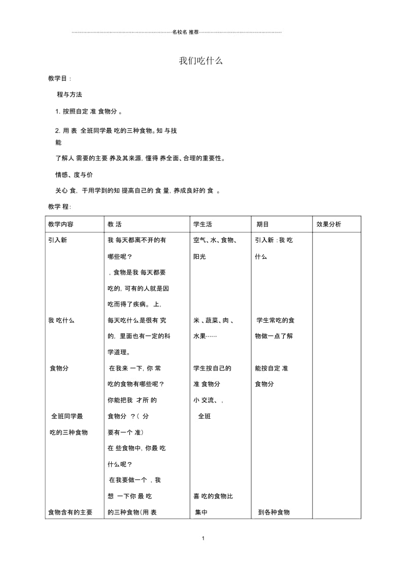 小学四年级科学上册我们吃什么名师公开课优质教案(1)苏教版.docx_第1页