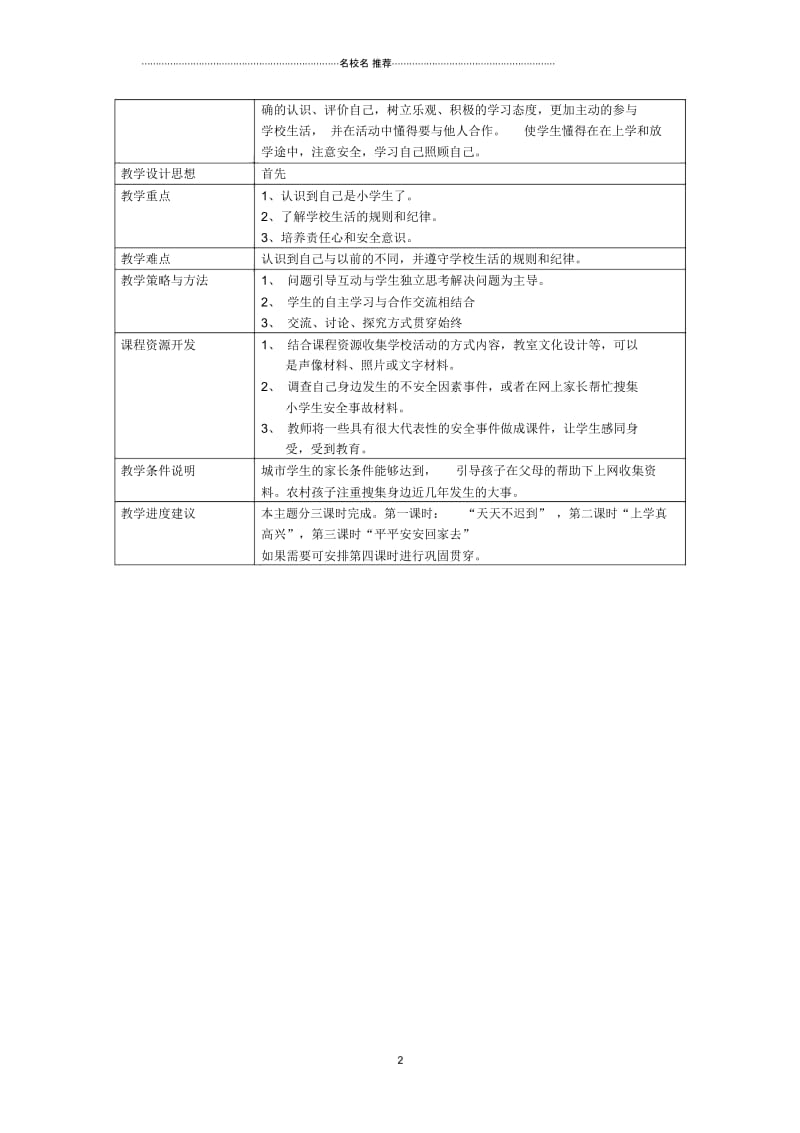 小学一年级思想品德上册我是一名小学生表格名师制作优质教案山东人民版.docx_第2页