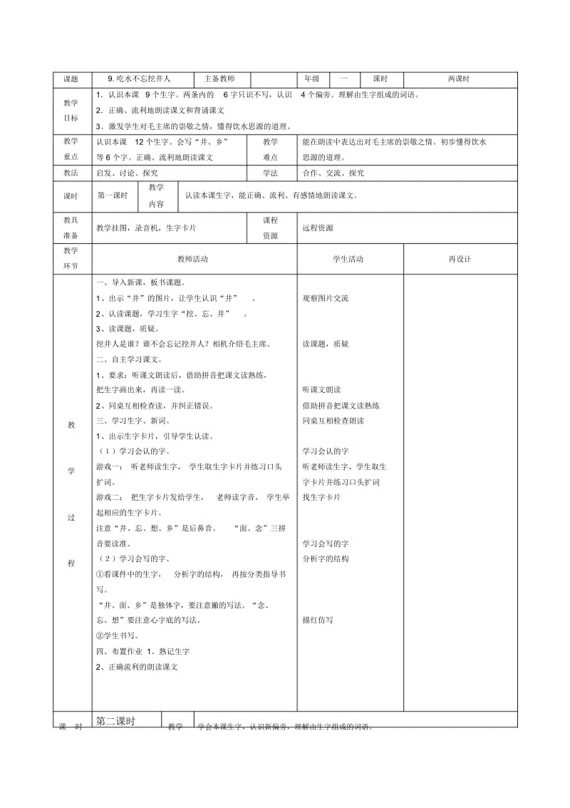 一年级下册语文教学设计-吃水不忘挖井人(1)苏教版.docx_第1页