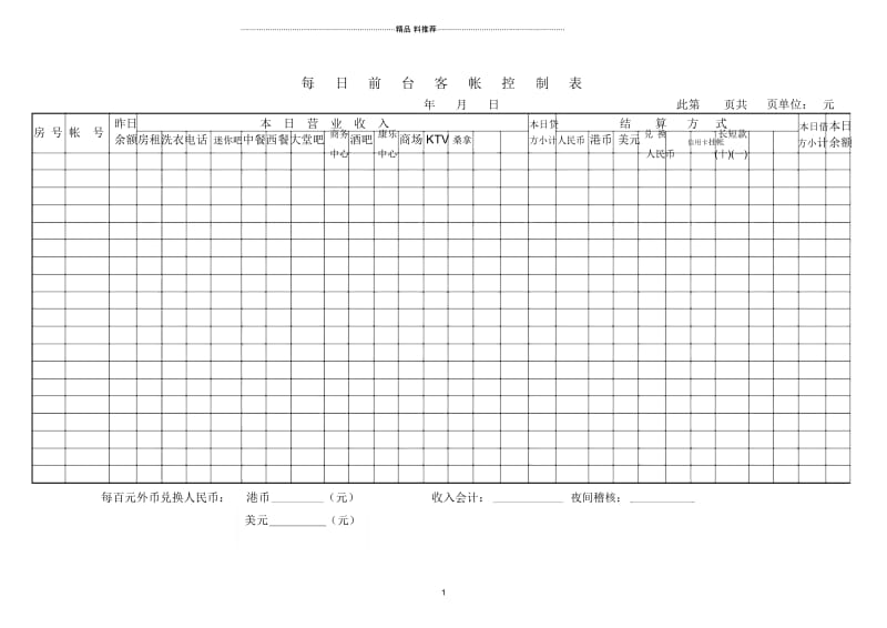 财务部系列表单-每日前台客帐控制表.docx_第1页