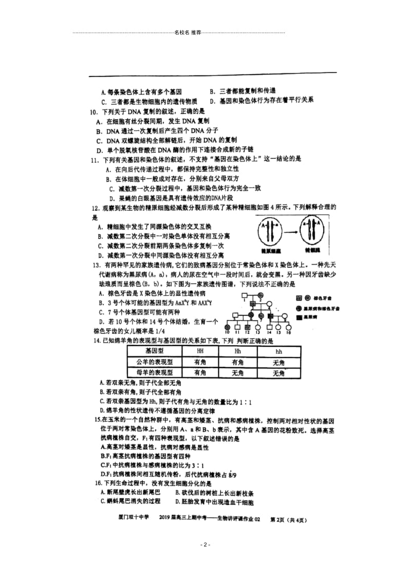 福建省厦门双十中学2019届高三上学期期中生物作业02扫描版含答案(布置作业测试好用).docx_第2页