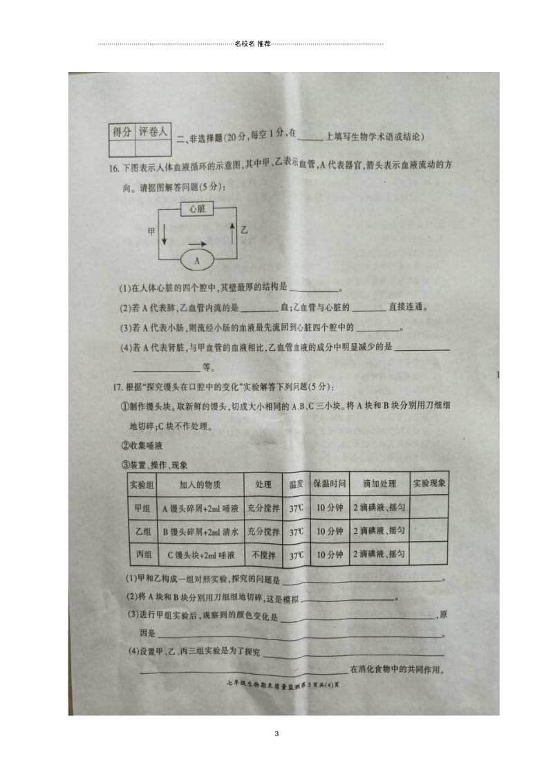 重庆市开州区2018-2019学年七年级生物下学期期末质量监测名师精编试题(扫描版,无答案)新人教版.docx_第3页