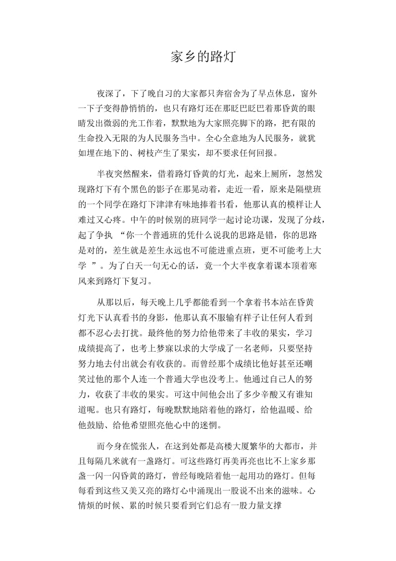 中学生优秀作文精选：家乡的路灯.docx_第1页