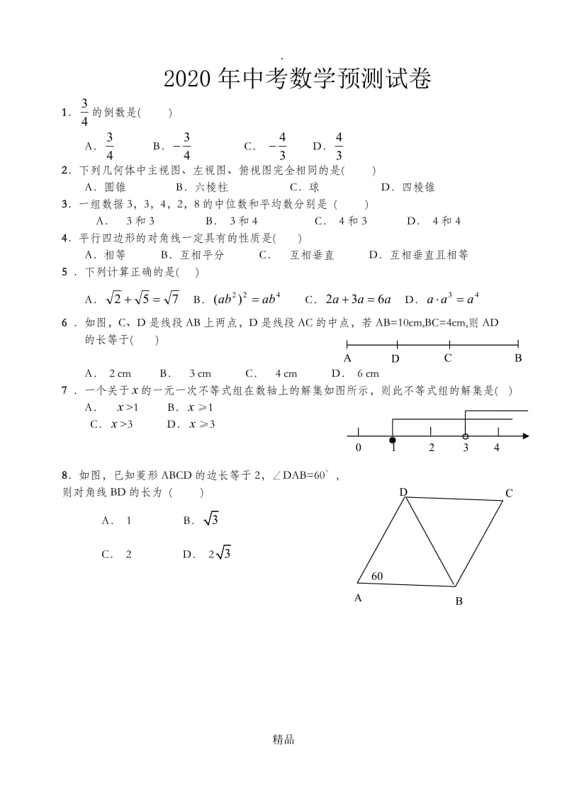 202X年中考数学预测试卷及详细答案.doc_第1页