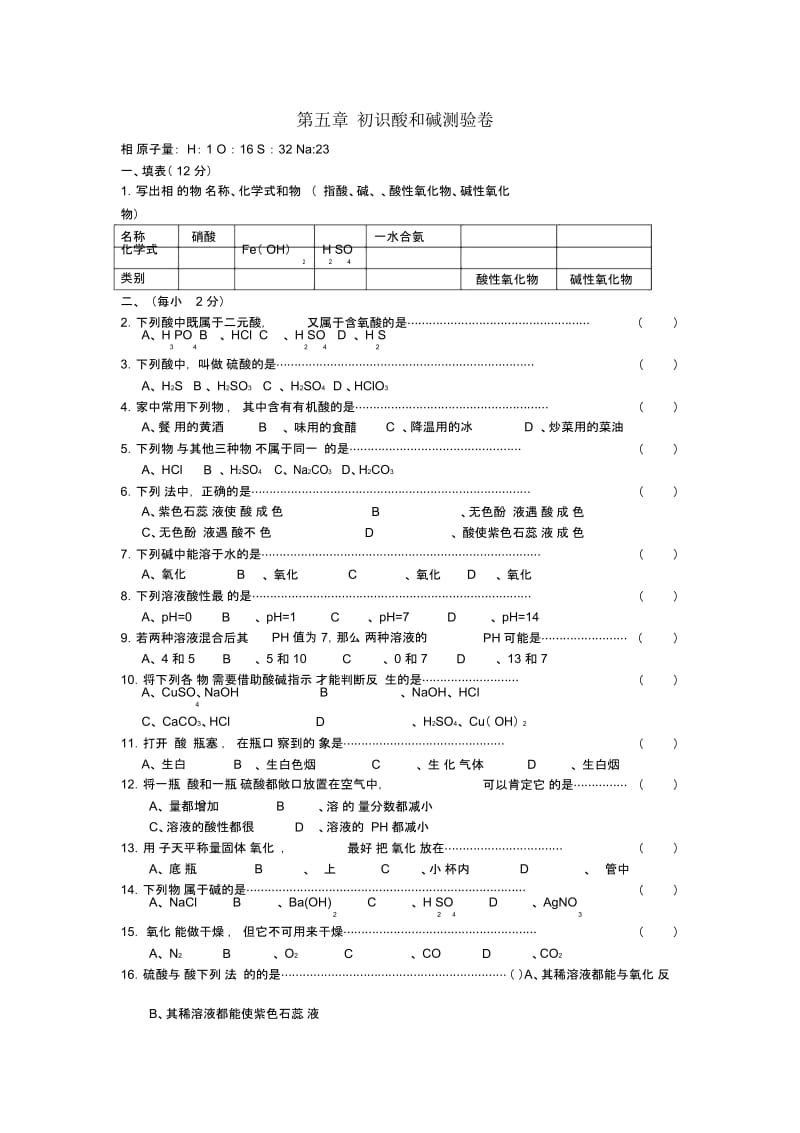 2016春九年级化学下册第5章《初识酸和碱》单元综合测试1(无答案)(新版)沪教版.docx_第1页