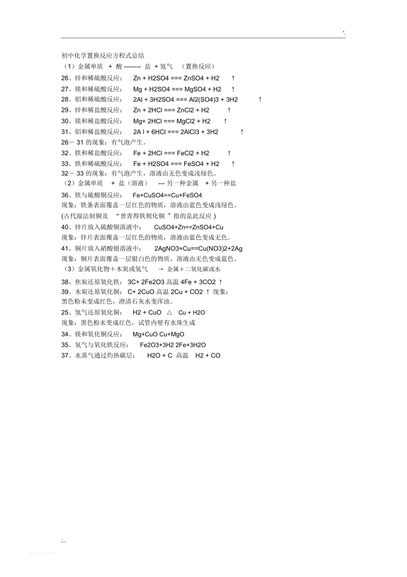 初中化学置换反应方程式总结.docx_第1页