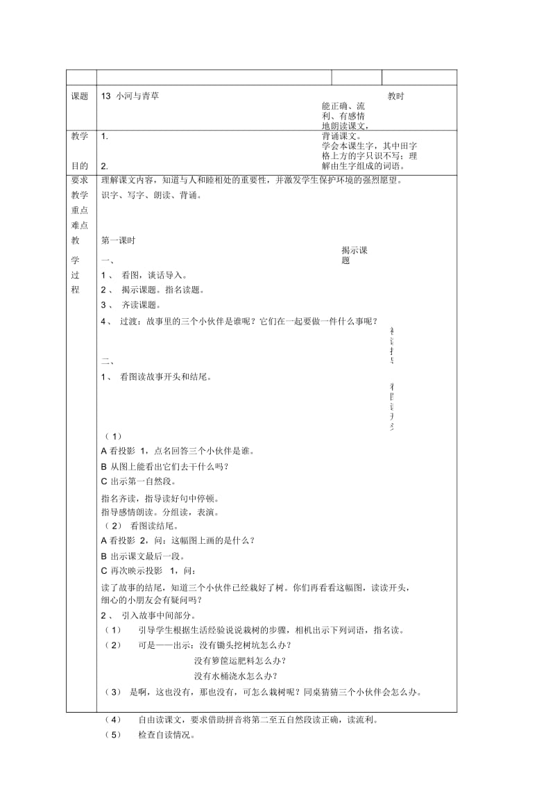 (苏教版)一年级语文上册《13小河与青草》教案.docx_第1页