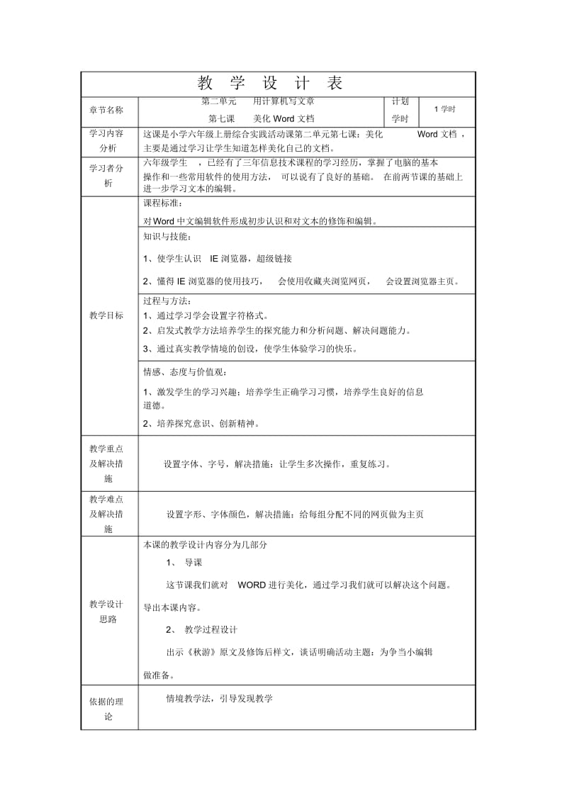 六年级上信息技术教学设计-美化word文档吉教版.docx_第1页