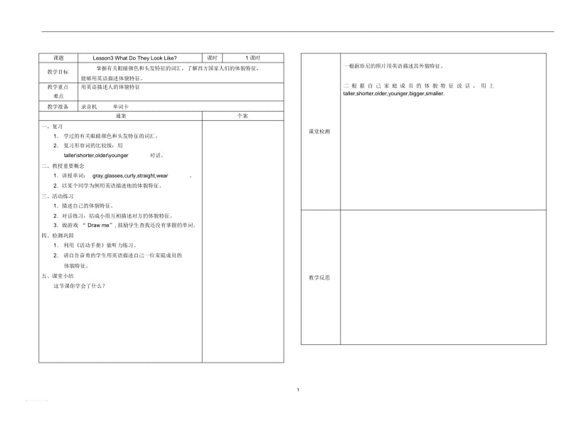 五年级英语(上册)Unit1Lesson3WhatDoTheyLookLike教案冀教版(三起).docx_第1页