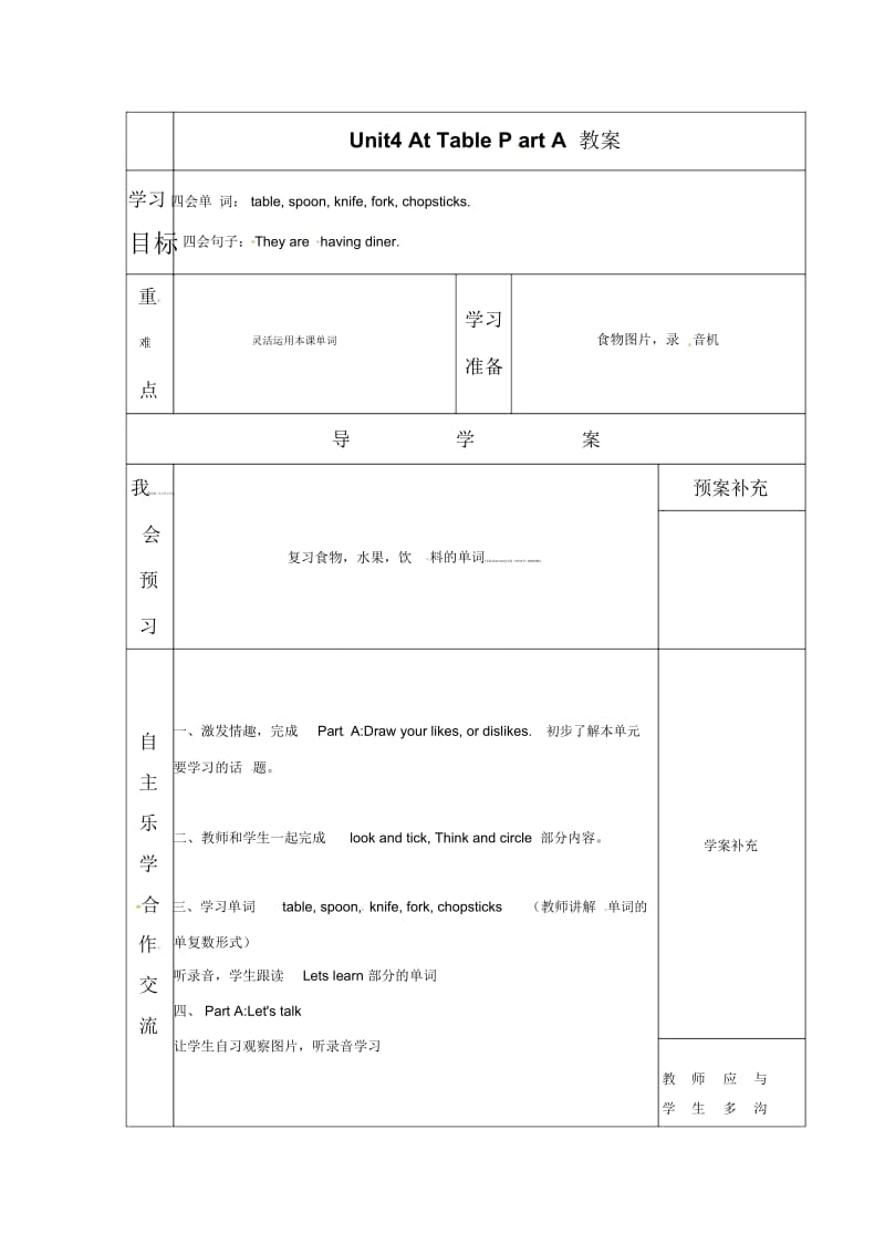 五年级上册英语教案-Unit4AtTablePartA陕旅版.docx_第1页