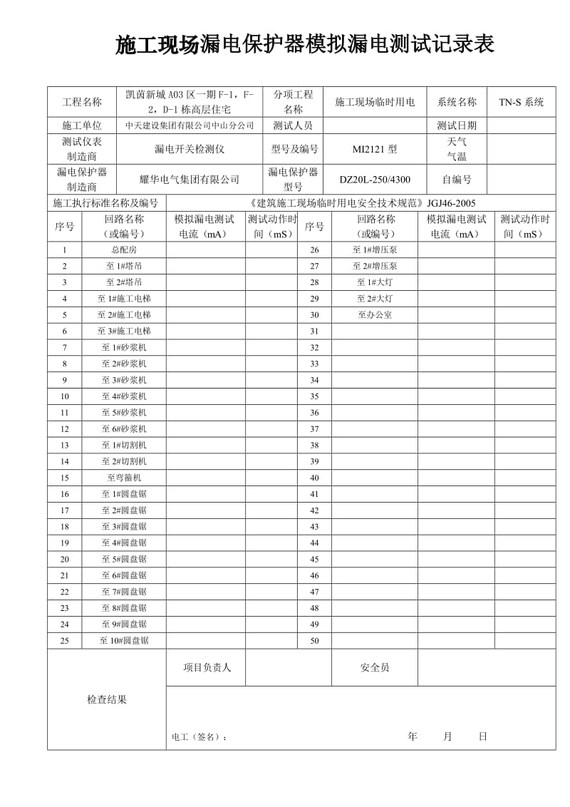 漏电保护器模拟漏电测试记录.doc_第1页