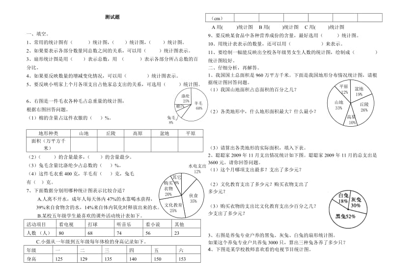 人教版六年级扇形统计图测试题.doc_第1页