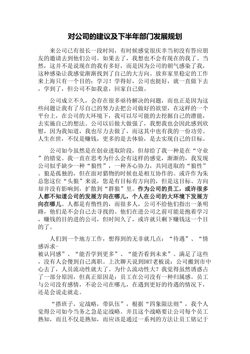 对公司的建议及下半年部门发展规划.doc_第1页