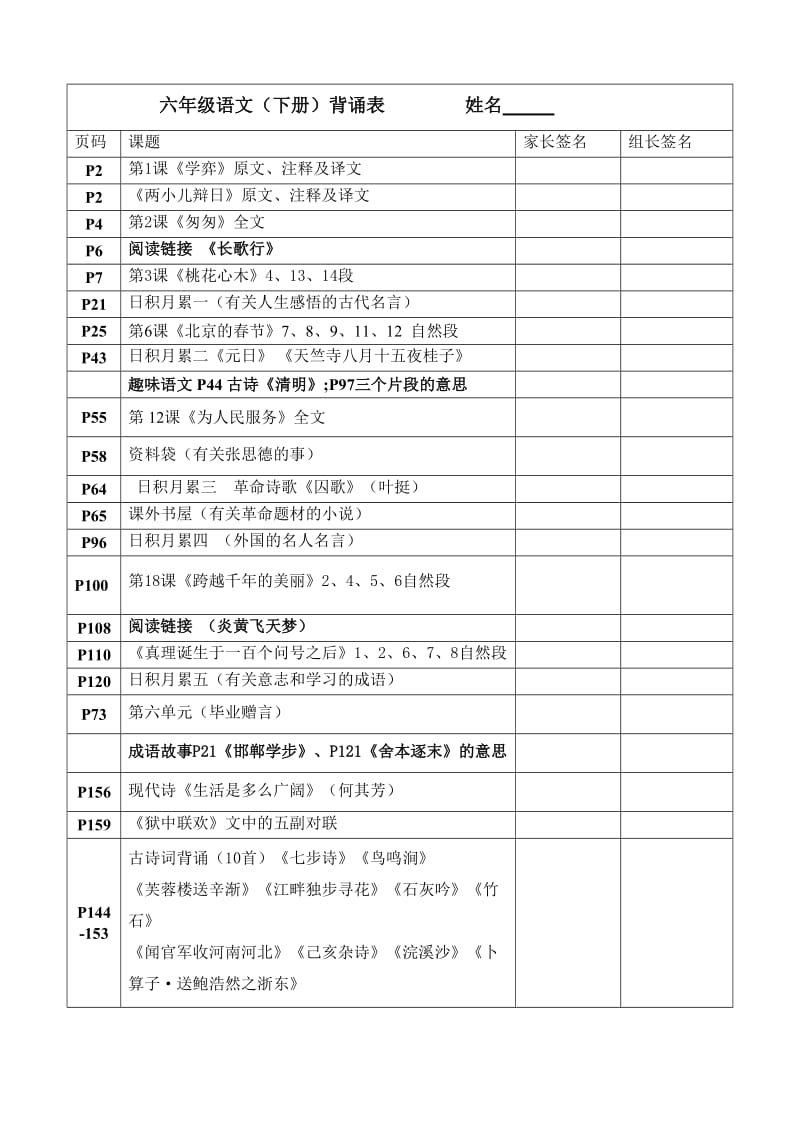 六年级语文下背诵表.doc_第1页