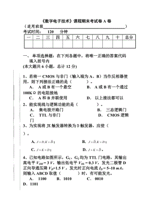 数字电子技术试卷A.doc