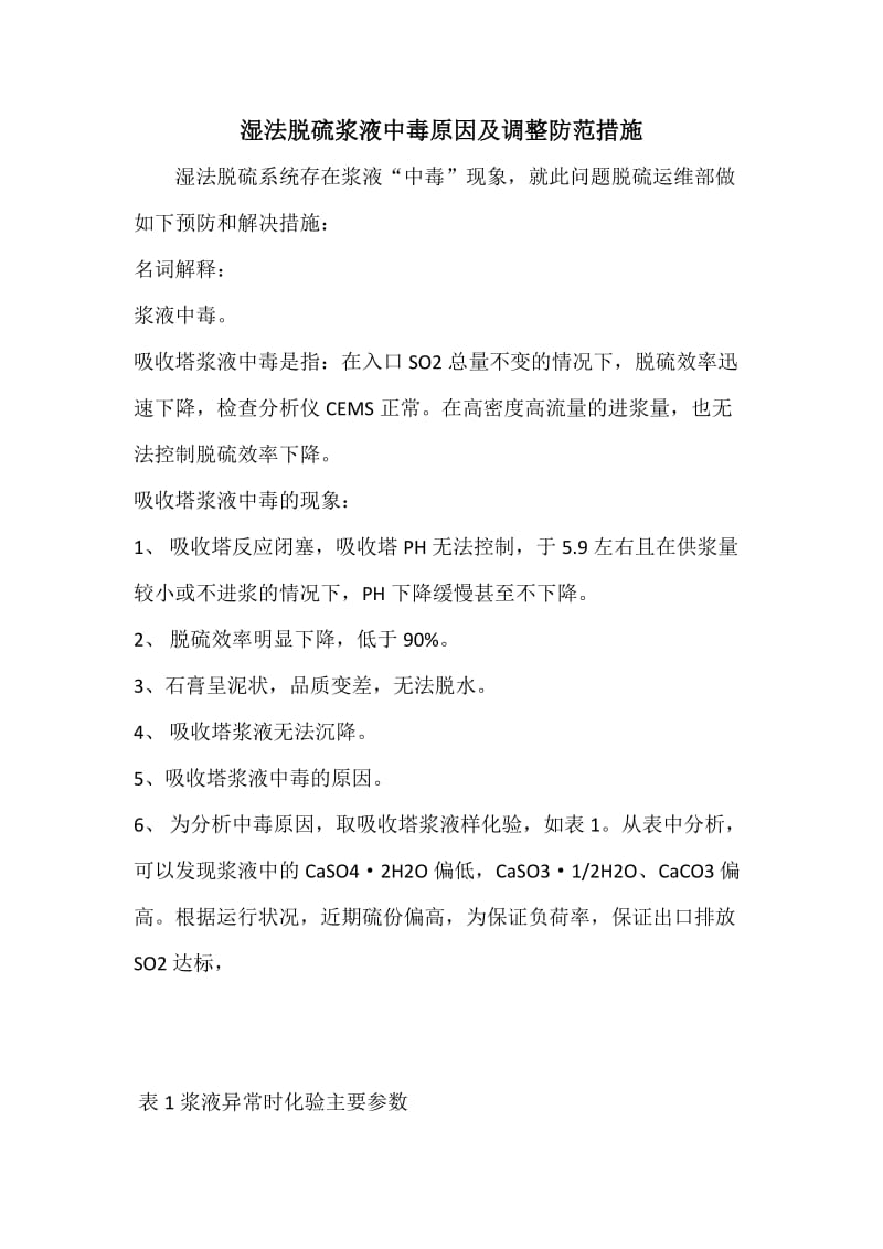 脱硫系统浆液中毒及调整措施;.docx_第1页