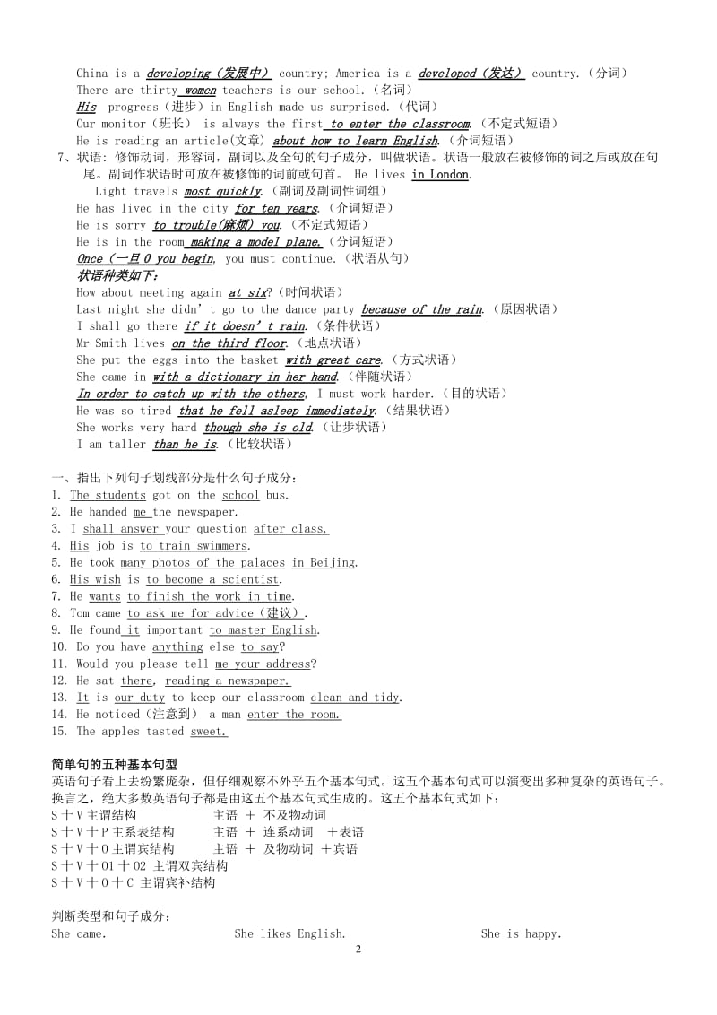 英语简单句的五种基本句型(讲解、练习、打印版);.docx_第2页