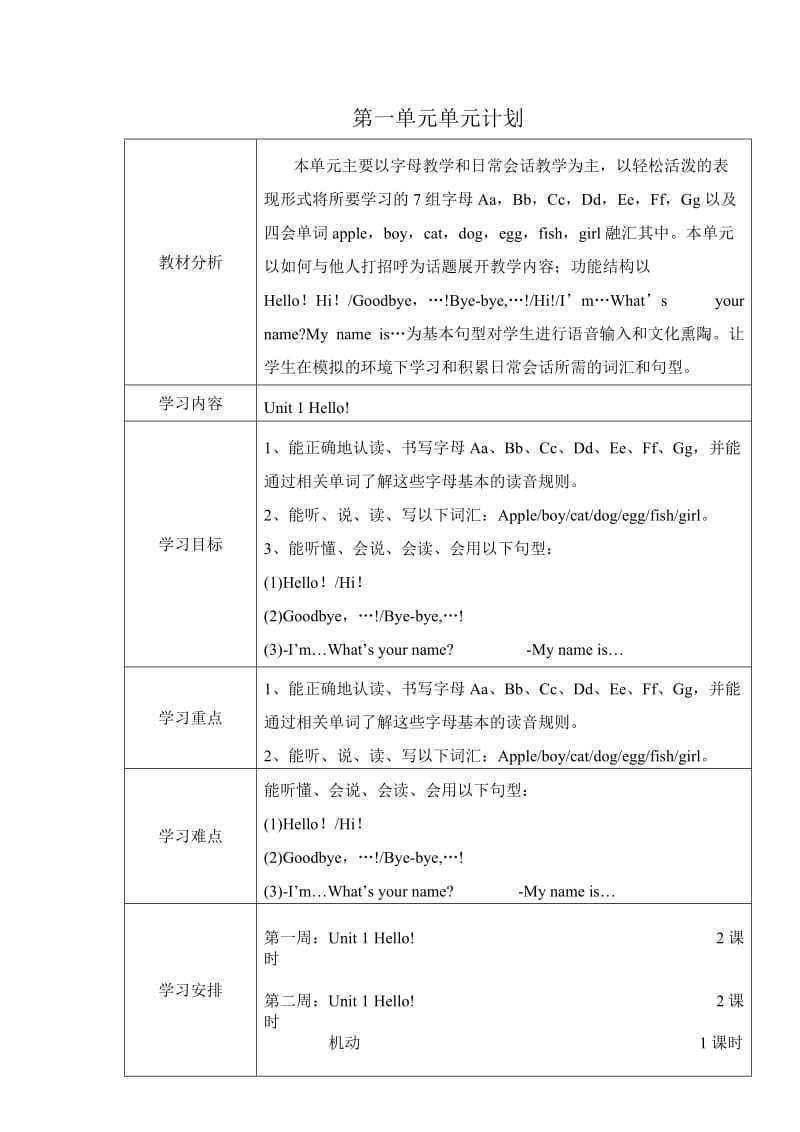 陕旅版三年级英语第一单元单元计划.doc_第1页