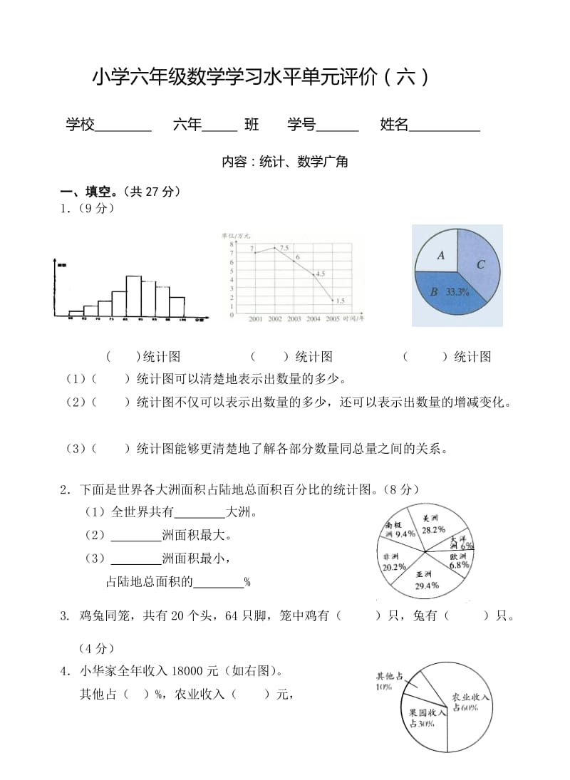 小学六年级数学学习水平单元评价(六).doc_第1页
