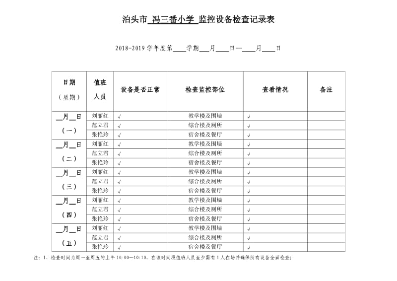 泊头市 冯三番小学 监控设备检查记录表.doc_第1页