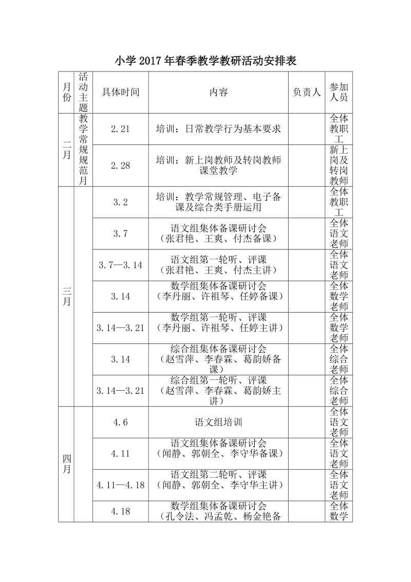 小学2017年春季教学教研活动安排表.doc_第1页