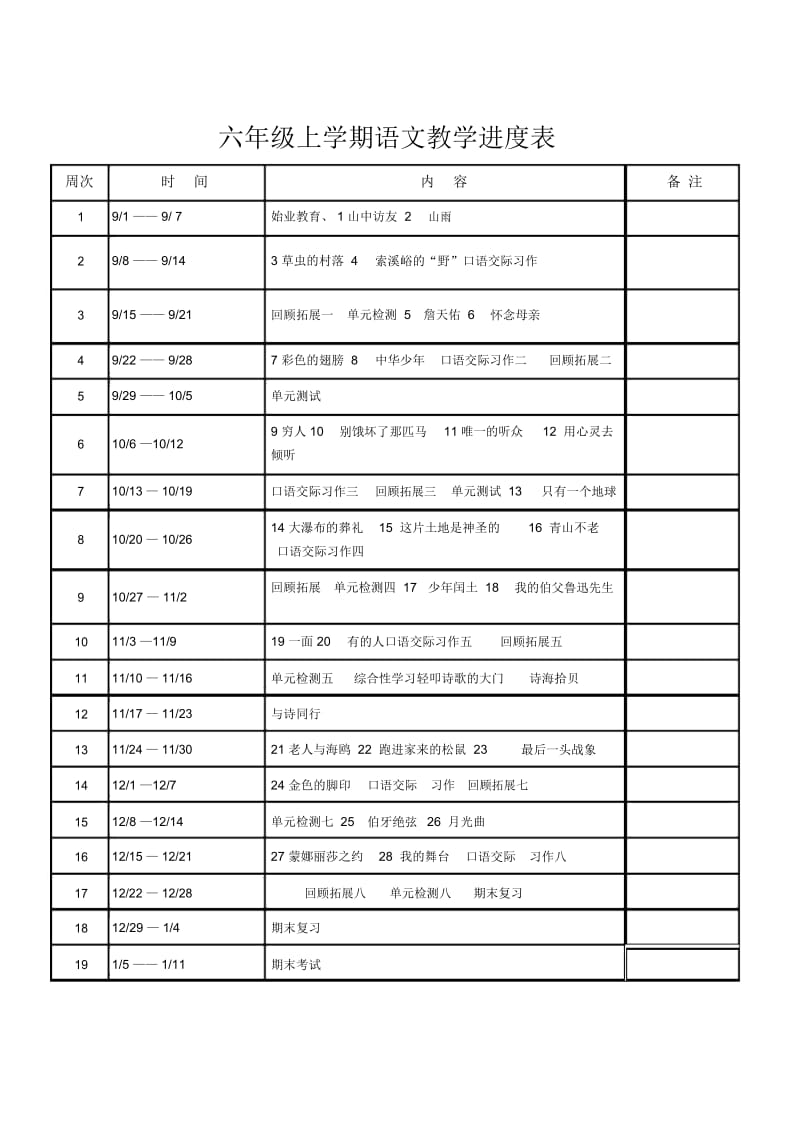 人教版小学六年级语文上册教学计划进度表.docx_第1页