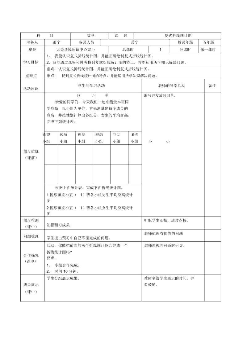 人教版数学五年级下册复式折线统计图导学案.docx_第1页