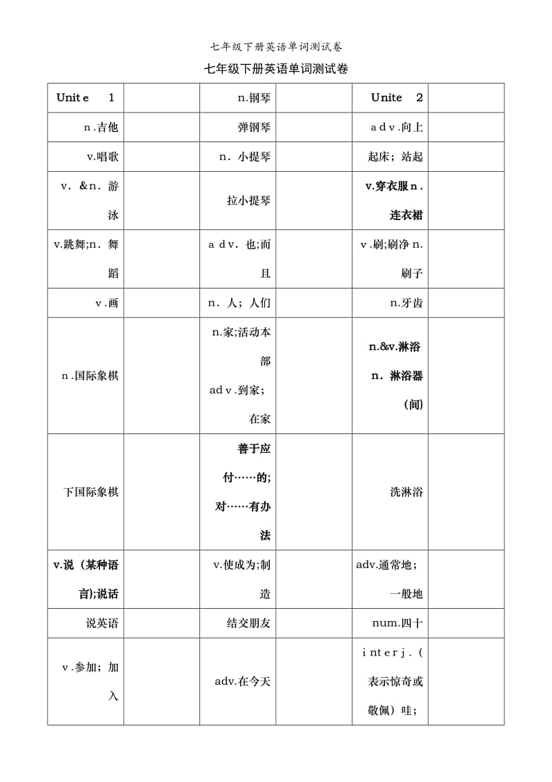 七年级下册英语单词测试卷.doc_第1页