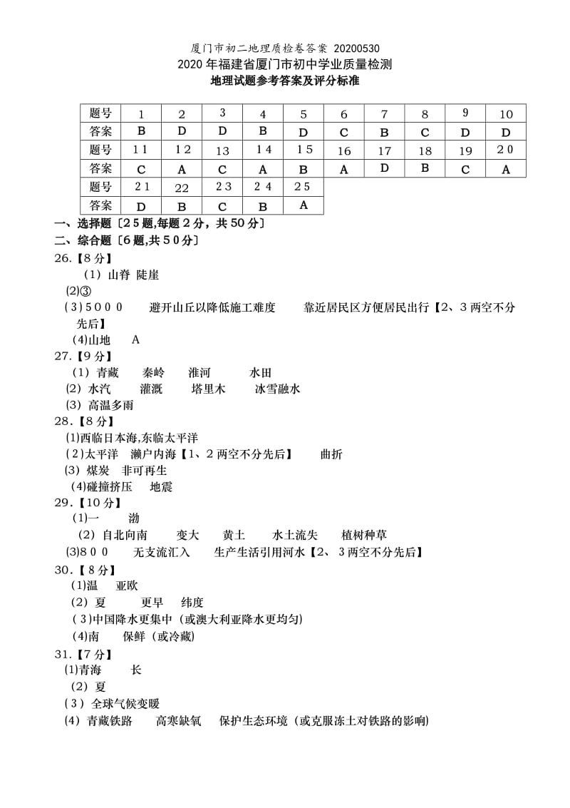 厦门市初二地理质检卷答案 20200530.doc_第1页