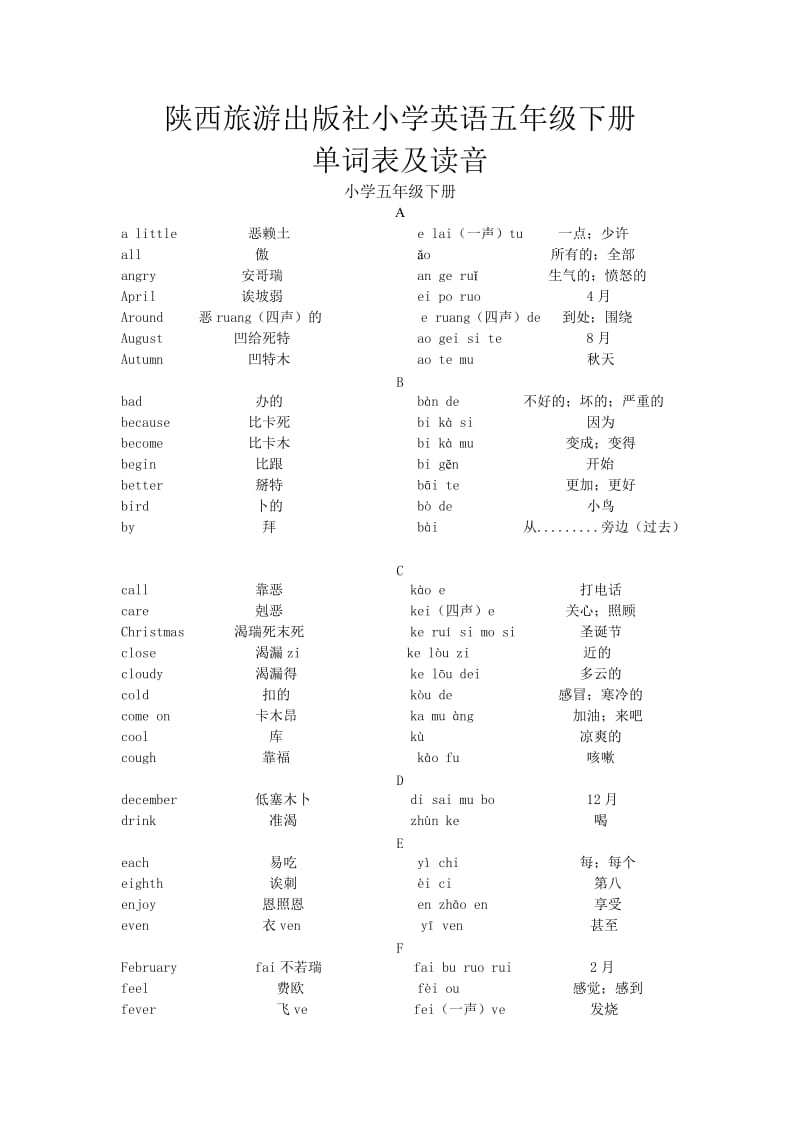 陕西旅游出版社小学英语五年级下册单词表及读音;.doc_第1页