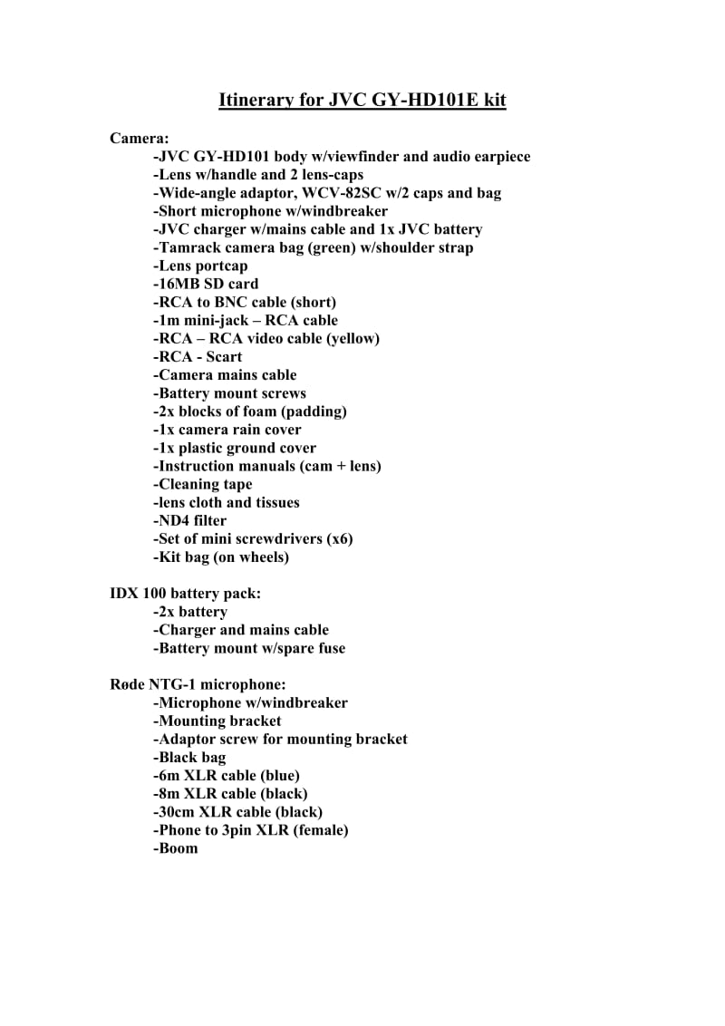 Itinerary for JVC GY-HD101E kit.doc_第1页