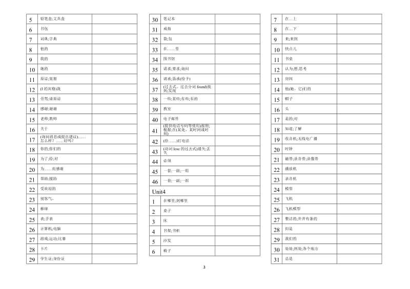 人教新版七年级上册英语单词默写表(直接打印);.docx_第3页