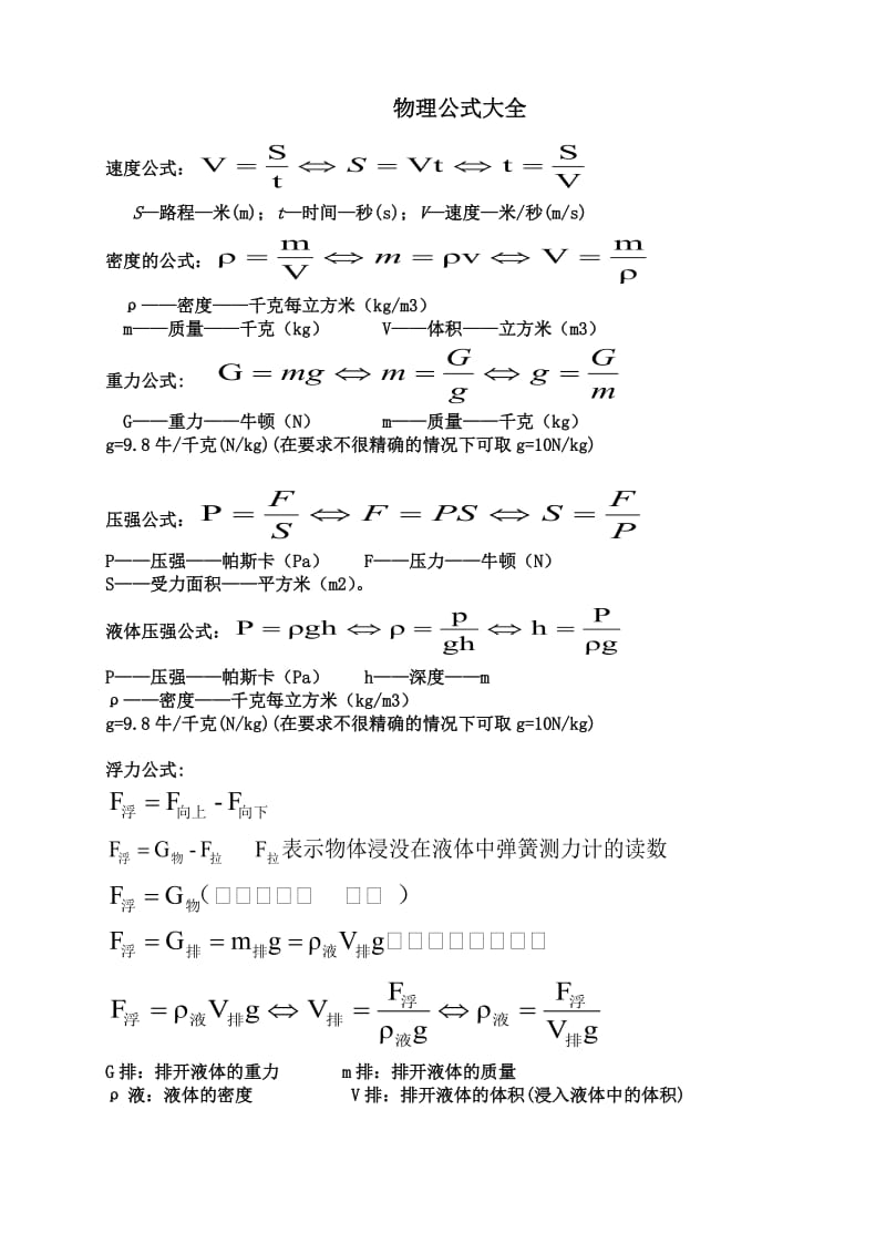 人教版八年级物理公式大全;.docx_第1页