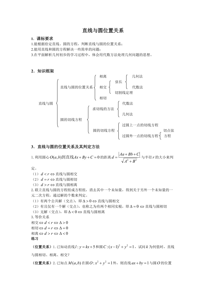 直线与圆位置关系知识点与经典例题.docx_第1页