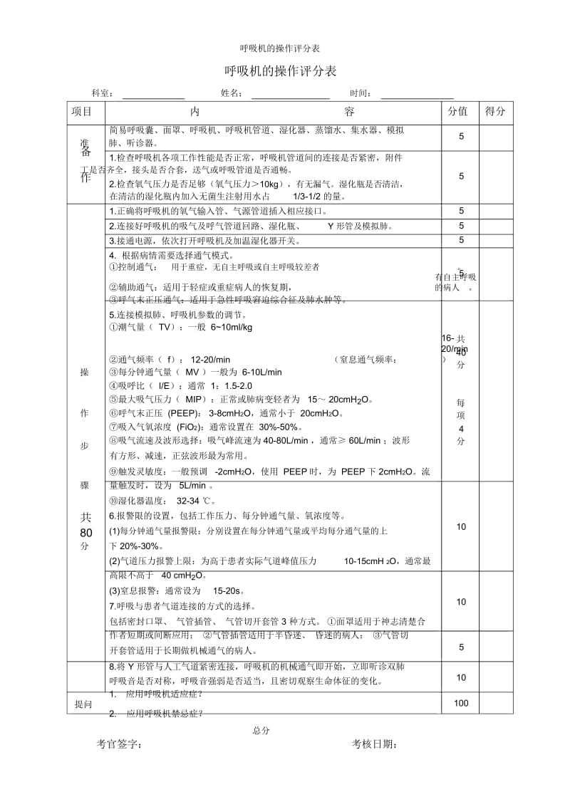 呼吸机的操作评分表.docx_第1页